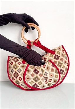 Vintage 90's retro geometric half moon bag in beige & red