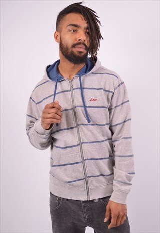 VINTAGE ASICS HOODIE SWEATER STRIPES GREY