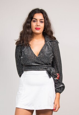 VINTAGE 70'S SILVER SPARKLE COLLARED WRAP AROUND TOP SHIRT