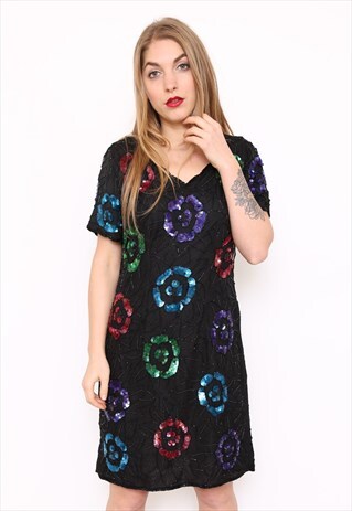 VINTAGE 80S SILK SEQUIN BEAD EMBELLISHED PARTY DRESS