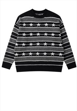 Star print sweater stripe knitted grunge jumper in black