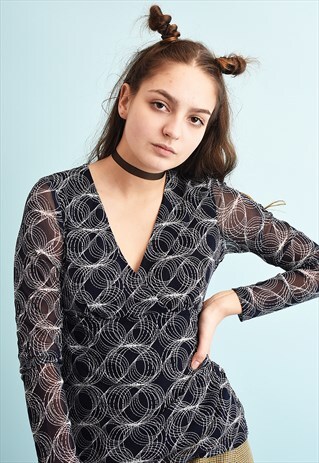 Y2K OPTICAL PRINT NAVY BLUE MESH PARTY TEEN TOP