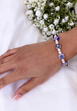 Painted Flower And Pearl Beaded Bracelet 90s Y2K Jewellery