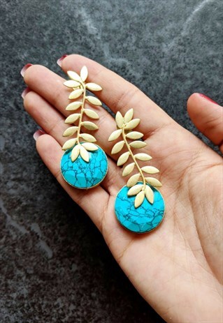 BRASS DULL MATT GOLD FINISH TURQUOISE FAUX STONE EARRINGS