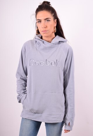 REEBOK WOMENS VINTAGE FLEECE HOODIE JUMPER LARGE GREY 90'S