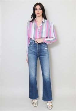 80's Vintage Ladies Blouse Pink Grey Stripe Long Sleeve