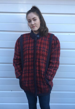 WOMENS VINTAGE 80S RED CHECKED MIDI LENGTH SHOULDER PAD COAT