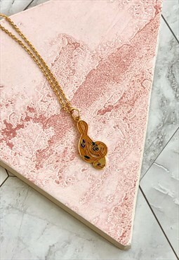 80s Yellow Treble Clef Necklace Music Vintage Jewellery 