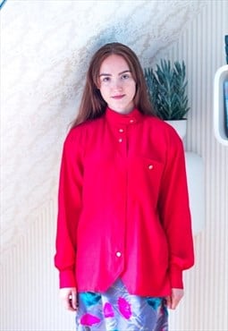 Bright red long sleeve silky shirt blouse