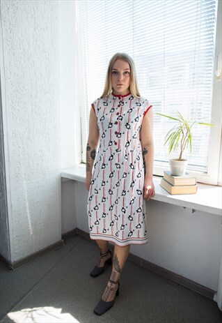 VINTAGE 80'S MIDI WHITE PATTERNED DRESS