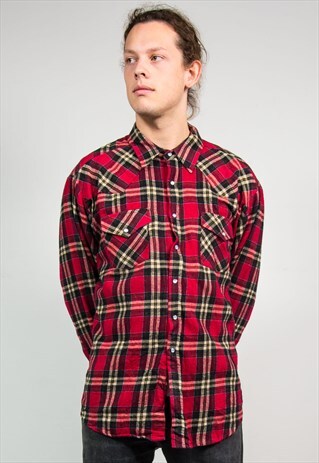 90'S VINTAGE RED CHECK SNAP FASTEN FLANNEL SHIRT