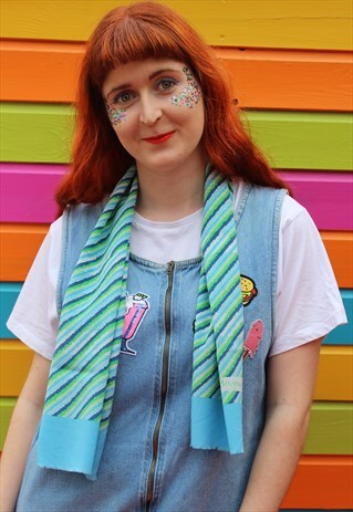 VINTAGE 90S GREEN & BLUE STRIPED SCARF HEADSCARF