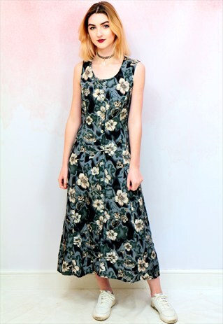 1990S VINTAGE GREY BLUE FLORAL BUTTON UP MIDI DRESS