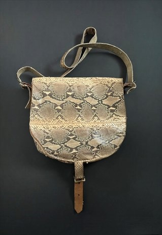 Vintage 70's Brown Beige Leather Snake Saddle Shoulder Bag