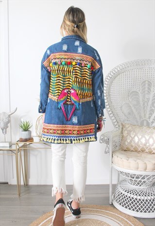 VINTAGE JEANS JACKET PRINTED ETHNIC EMBROIDERY