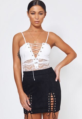 BLACK SUEDE LACE UP MINI SKIRT