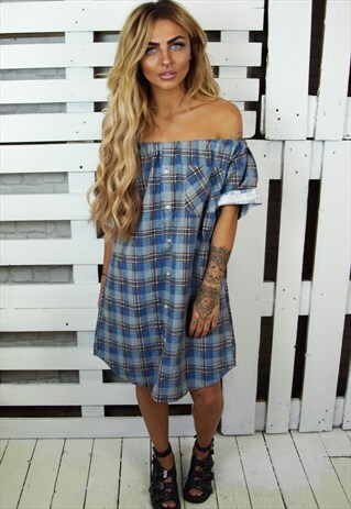 VINTAGE REWORKED PLAID FLANNEL BARDOT SHIRT DRESS