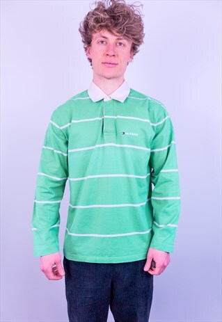 VINTAGE TOMMY HILFIGER RUGBY POLO SHIRT SPELL OUT GREEN L