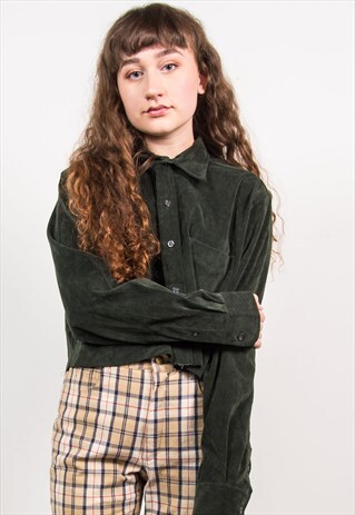 VINTAGE 90'S DARK GREEN CORD CROPPED LONG SLEEVE SHIRT