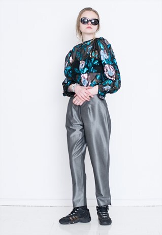 VINTAGE GREY HIGH WAIST SHINY RETRO TROUSERS