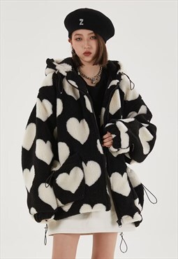 heart print fleece jacket animal fakefur bomber jacket black