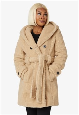 Beige Borg Slim Fit Double Breasted Hooded Teddy Coat
