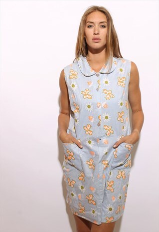VINTAGE 1960'S 60'S PETER PAN COLLAR BUTTERFLIES DRESS L-XL