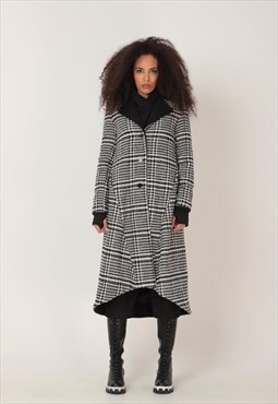 Dogtooth check A-line maxi winter coat with collar 