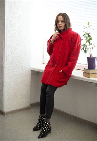 VINTAGE 80'S RED HIGH COLLAR PUFF SLEEVED WOOL COAT