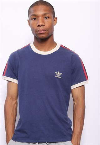 VINTAGE ADIDAS LOGO THREE STRIPE T-SHIRT NAVY BLUE