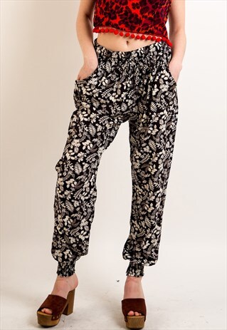 MULTI FLORAL PRINT LOOSE FIT COTTON TROUSERS IN BLACK