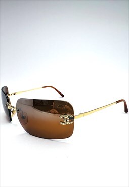 Chanel Sunglasses Rimless Rectangle Bronze CC Logo Crystal