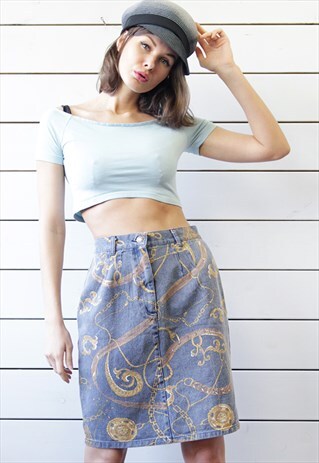 90S FADED BLUE DENIM GOLD CHAIN PRINT HIGH WAIST MIDI SKIRT