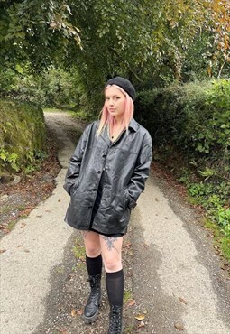 Vintage 90s Y2K Genuine Leather Longline Black Trench Coat