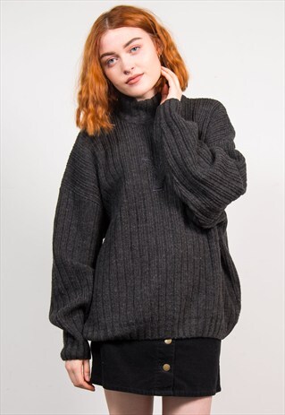 VINTAGE 90'S GREY THICK KNIT OVERSIZE HIGH NECK JUMPER