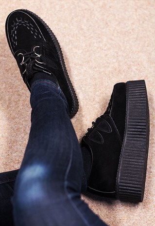 MATILDA FLAT CHUNKY CREEPER LACE UP PLATFORM SHOES - BLACK