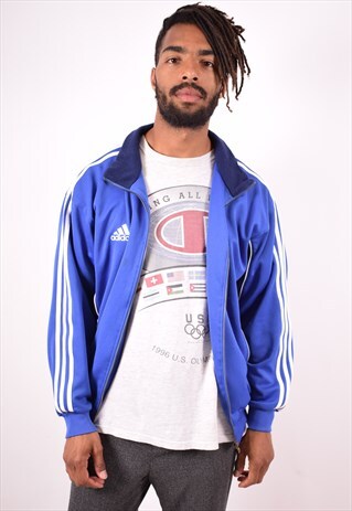 ADIDAS MENS VINTAGE TRACKSUIT TOP JACKET MEDIUM BLUE 90S