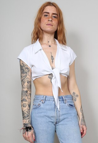 VINTAGE 90'S WHITE COLLARED TIE-UP CROPPED BLOUSE