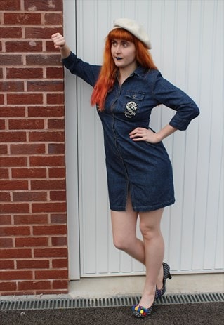 VINTAGE REWORKED 90S DENIM DRESS WITH DRAGON BADGES