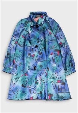 Retro '80s abstract pattern blue satin trench coat