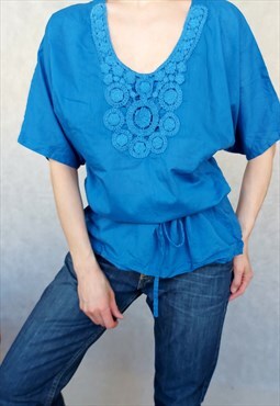 Vintage Blue Kushi Blouse, Medium Size Top