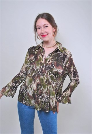 Abstract print vintage ribbed blouse, retro multicolor shirt