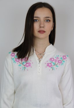 White Soft Knitted Flower Embroidery Pull Over Jumper 