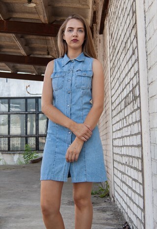 WOMENS VINTAGE RETRO BLUE DENIM PINAFORE DRESS