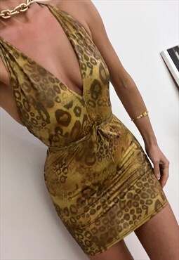 Plunge Party Mini Dress in Gold Holographic Leopard