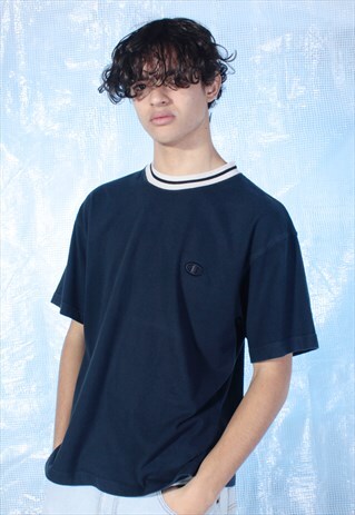 VINTAGE CHAMPION NAVY AND CREAM EMBROIDERED TEE