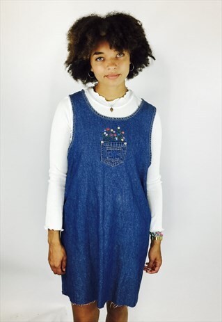 VINTAGE FLORAL EMBROIDERED DENIM DRESS