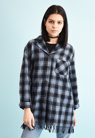 90'S RETRO TARTAN CHECKED FRINGED SHIRT TOP