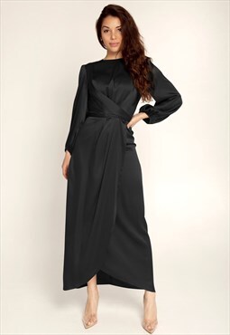 Black Tie Front Wrap Puff Sleeve Abaya Maxi Dress