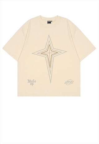 Cross print t-shirt Y2K tee Gothic star retro top in cream